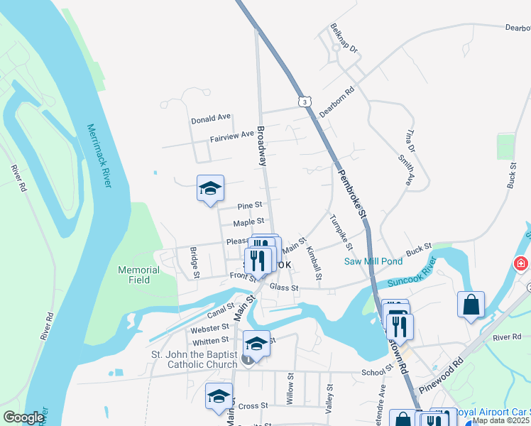 map of restaurants, bars, coffee shops, grocery stores, and more near 28 Broadway in Pembroke