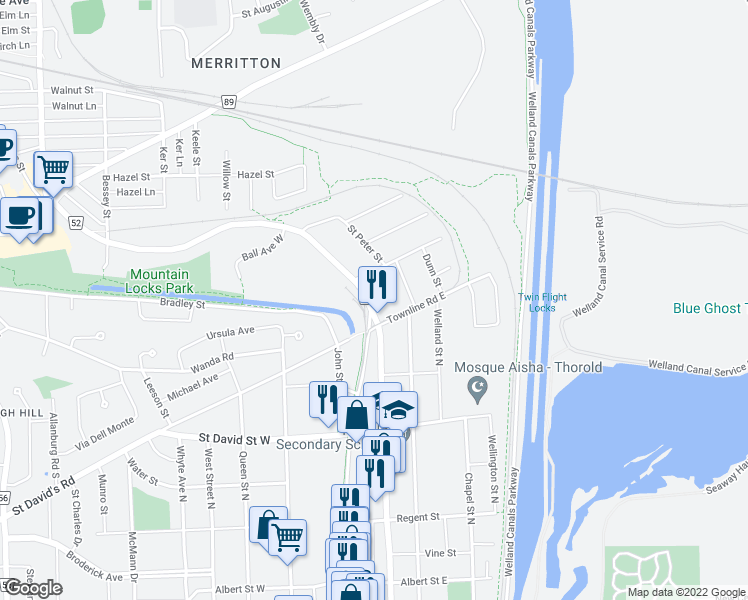map of restaurants, bars, coffee shops, grocery stores, and more near 18 Merritt Street in Saint Catharines