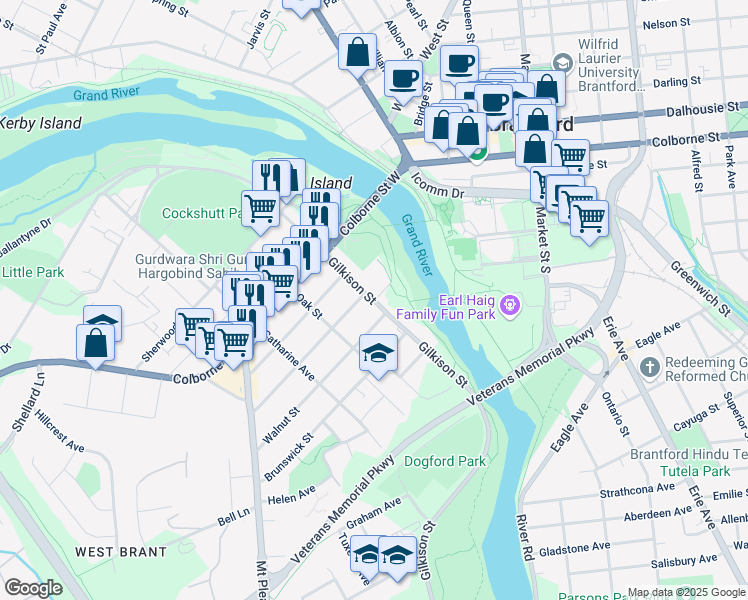 map of restaurants, bars, coffee shops, grocery stores, and more near Gilkison Street in Brantford