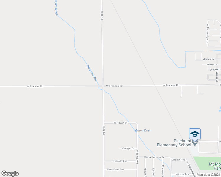 map of restaurants, bars, coffee shops, grocery stores, and more near 1495 West Frances Road in Mount Morris