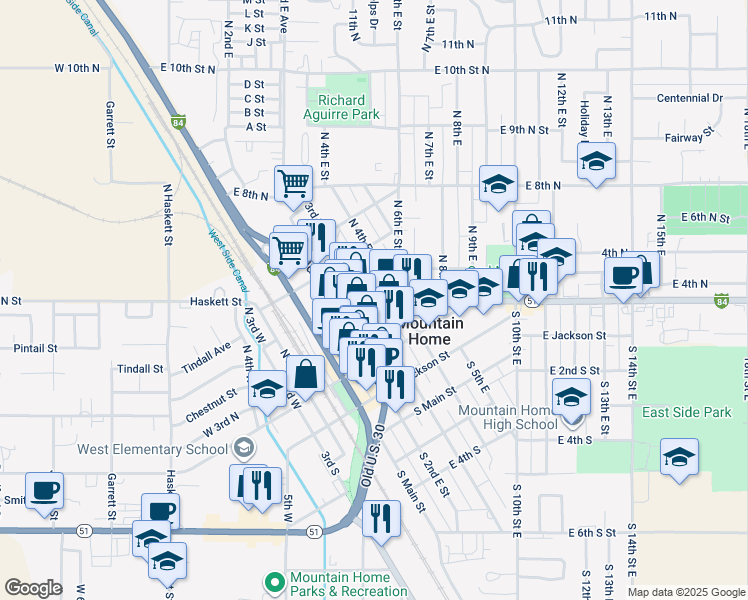 map of restaurants, bars, coffee shops, grocery stores, and more near 350 North 3rd East Street in Mountain Home