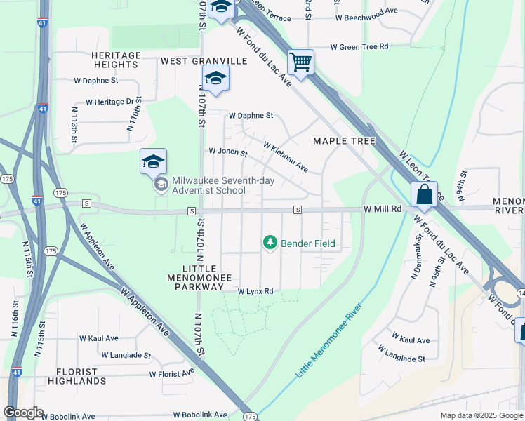 map of restaurants, bars, coffee shops, grocery stores, and more near W Mill Rd & N 104th St in Milwaukee