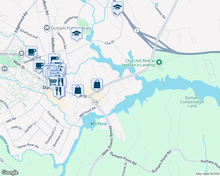 map of restaurants, bars, coffee shops, grocery stores, and more near 12 Dover Road in Durham