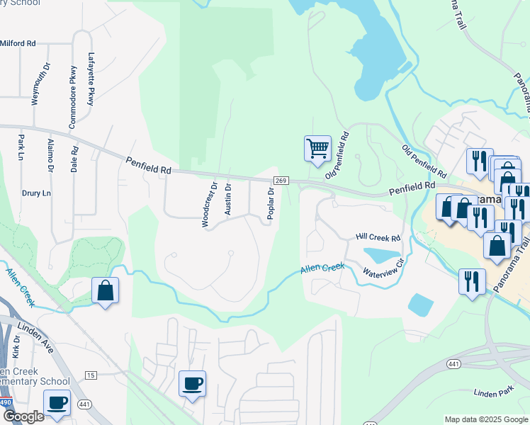 map of restaurants, bars, coffee shops, grocery stores, and more near 40 Poplar Drive in Rochester