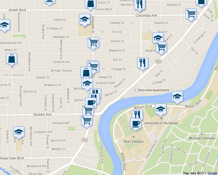 map of restaurants, bars, coffee shops, grocery stores, and more near 805 Seward Street in Rochester