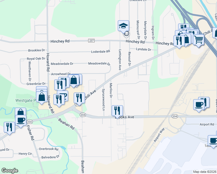 map of restaurants, bars, coffee shops, grocery stores, and more near 4 Marilou Drive in Rochester