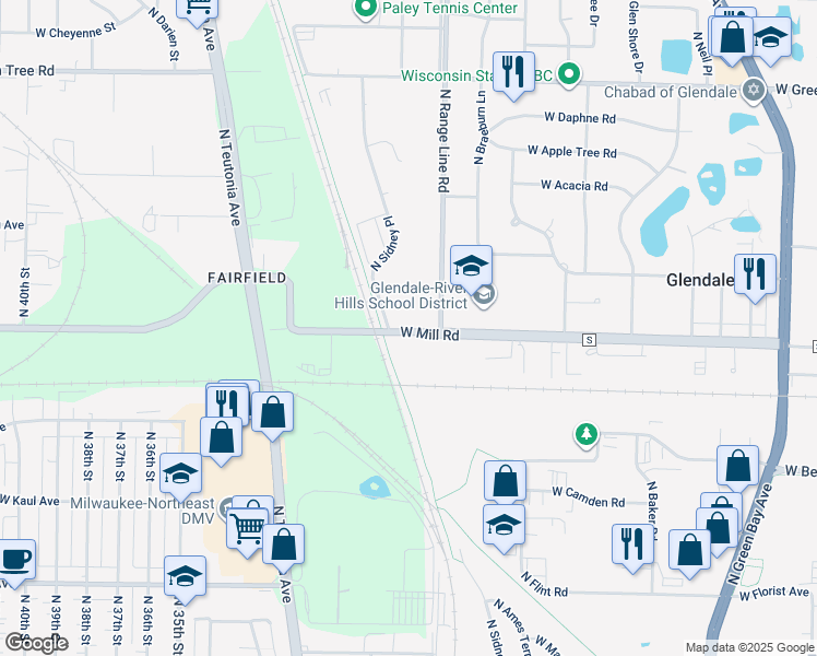 map of restaurants, bars, coffee shops, grocery stores, and more near 6409 North Range Line Road in Glendale