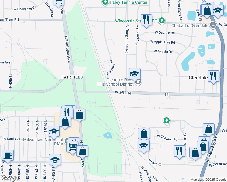 map of restaurants, bars, coffee shops, grocery stores, and more near 2850 North Sidney Place in Glendale