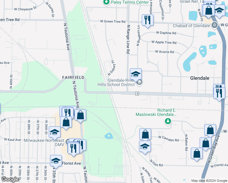 map of restaurants, bars, coffee shops, grocery stores, and more near 2850 North Sidney Place in Glendale