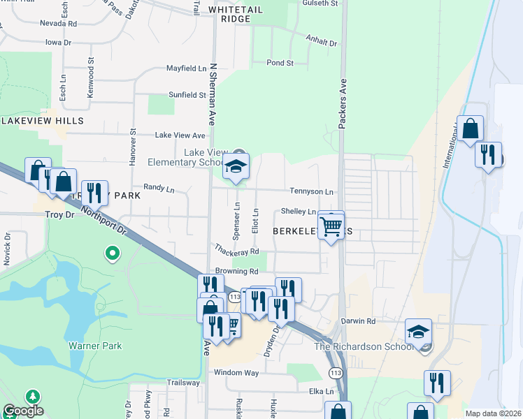 map of restaurants, bars, coffee shops, grocery stores, and more near 3626 Dryden Drive in Madison