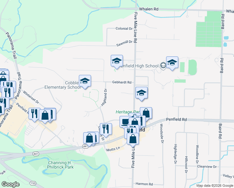 map of restaurants, bars, coffee shops, grocery stores, and more near 11 Shadow Vale Drive in Penfield
