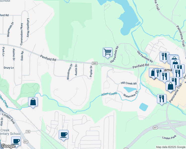 map of restaurants, bars, coffee shops, grocery stores, and more near 40 Poplar Drive in Rochester