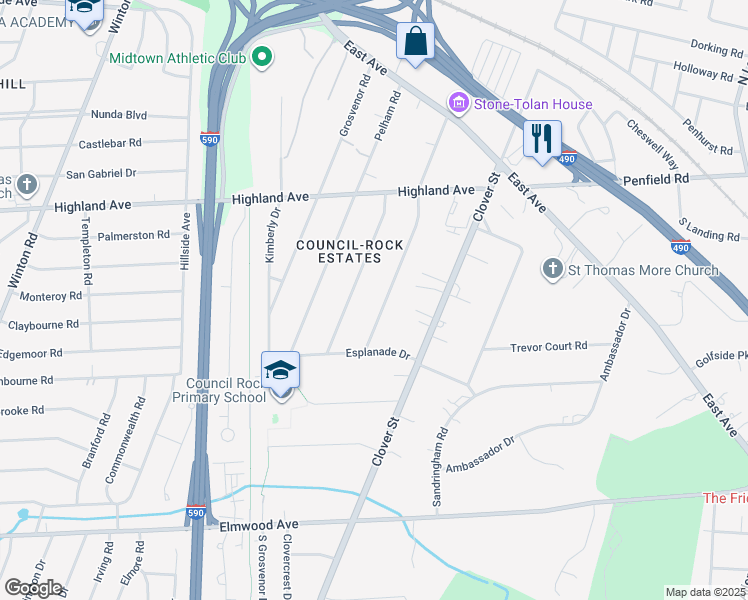 map of restaurants, bars, coffee shops, grocery stores, and more near 303 Council Rock Avenue in Rochester