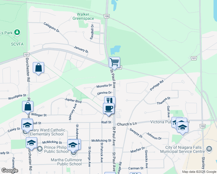 map of restaurants, bars, coffee shops, grocery stores, and more near 6250 Moretta Drive in Niagara Falls