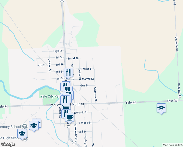 map of restaurants, bars, coffee shops, grocery stores, and more near 253 Clarence Street in Yale