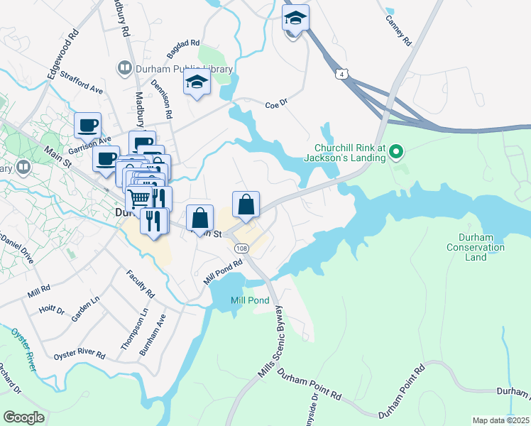 map of restaurants, bars, coffee shops, grocery stores, and more near 12 Dover Road in Durham