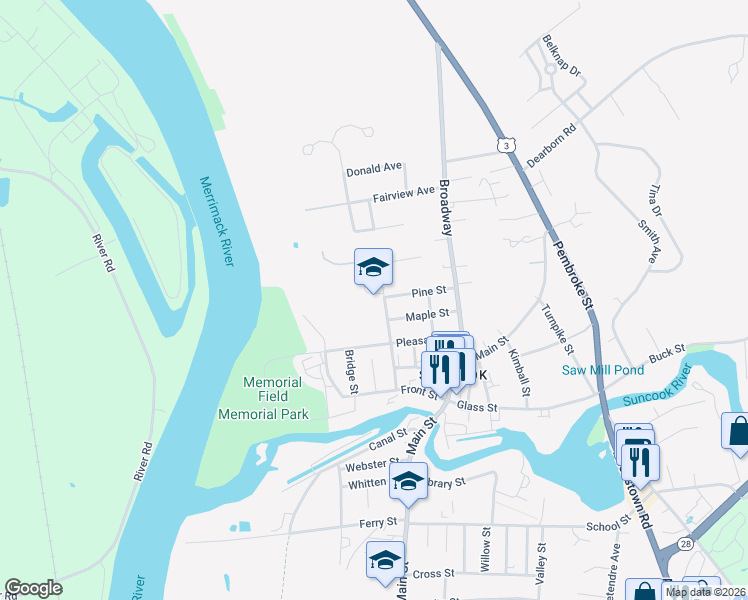 map of restaurants, bars, coffee shops, grocery stores, and more near 30 High Street in Suncook