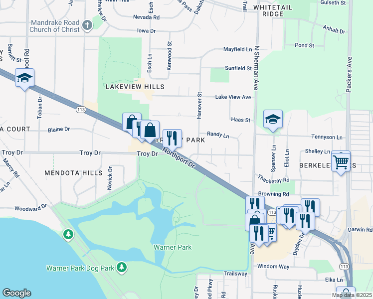 map of restaurants, bars, coffee shops, grocery stores, and more near 1564 Troy Drive in Madison