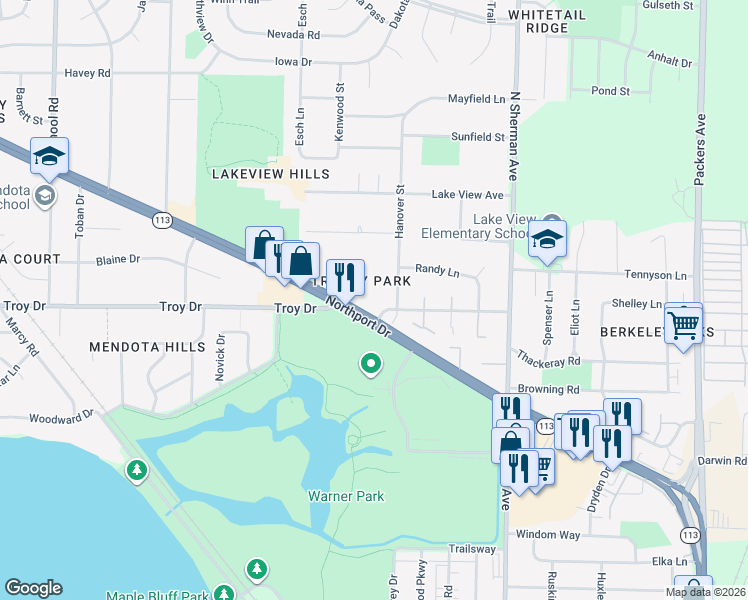 map of restaurants, bars, coffee shops, grocery stores, and more near 1564 Troy Drive in Madison