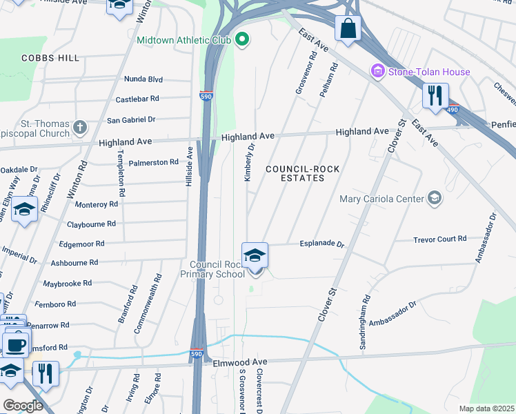 map of restaurants, bars, coffee shops, grocery stores, and more near 384 Grosvenor Road in Rochester