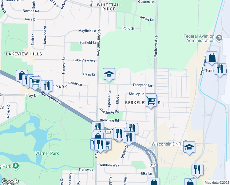 map of restaurants, bars, coffee shops, grocery stores, and more near 3702 Eliot Ln in Madison