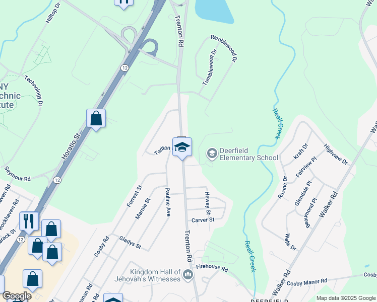 map of restaurants, bars, coffee shops, grocery stores, and more near 5624 Trenton Road in Utica