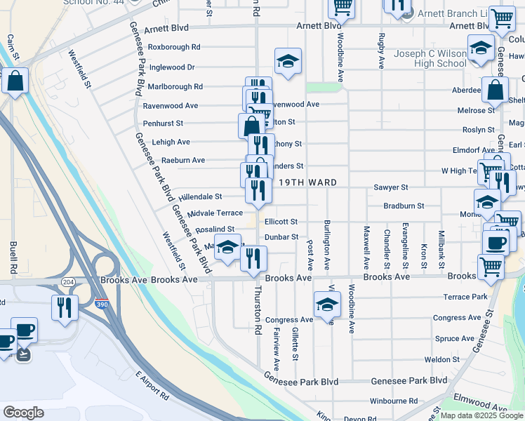map of restaurants, bars, coffee shops, grocery stores, and more near 542 Thurston Road in Rochester