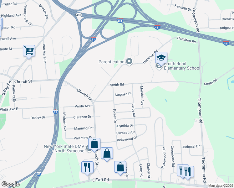 map of restaurants, bars, coffee shops, grocery stores, and more near 109 Forest Dr in Syracuse