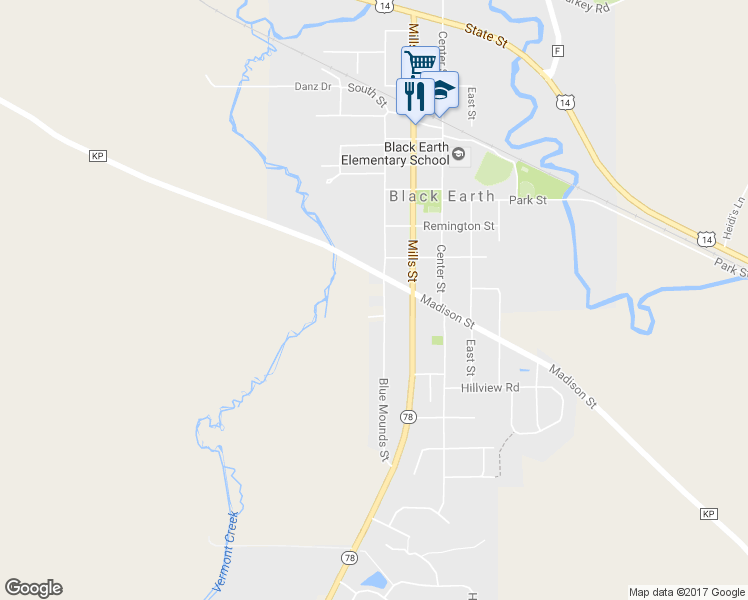 map of restaurants, bars, coffee shops, grocery stores, and more near 1618 Blue Mounds Street in Black Earth