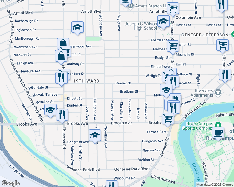 map of restaurants, bars, coffee shops, grocery stores, and more near 111 Bradburn Street in Rochester