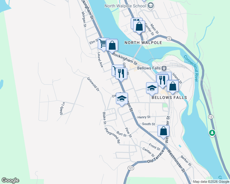 map of restaurants, bars, coffee shops, grocery stores, and more near 25 Oak Street in Town of Rockingham