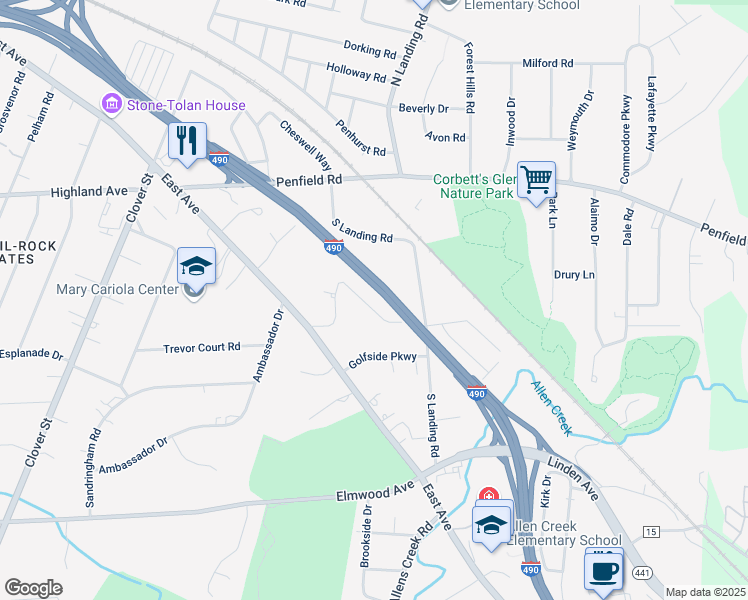map of restaurants, bars, coffee shops, grocery stores, and more near 160 Oak Lane in Rochester