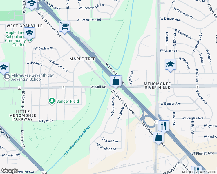 map of restaurants, bars, coffee shops, grocery stores, and more near W Fond Du Lac Ave & W Mill Rd in Milwaukee
