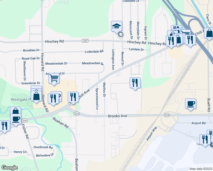 map of restaurants, bars, coffee shops, grocery stores, and more near 3 Marilou Drive in Rochester