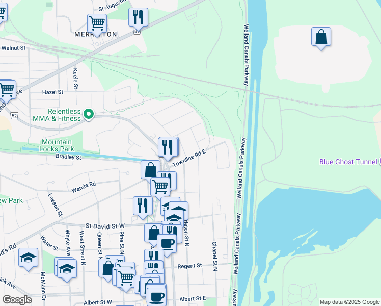 map of restaurants, bars, coffee shops, grocery stores, and more near 21 Townline Road East in St. Catharines