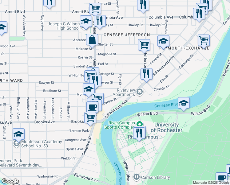 map of restaurants, bars, coffee shops, grocery stores, and more near 748 Seward Street in Rochester