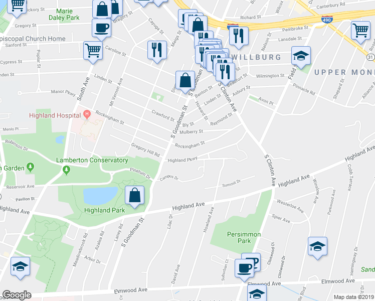 map of restaurants, bars, coffee shops, grocery stores, and more near 343 Rockingham Street in Rochester
