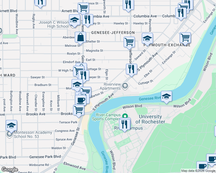 map of restaurants, bars, coffee shops, grocery stores, and more near 748 Seward Street in Rochester