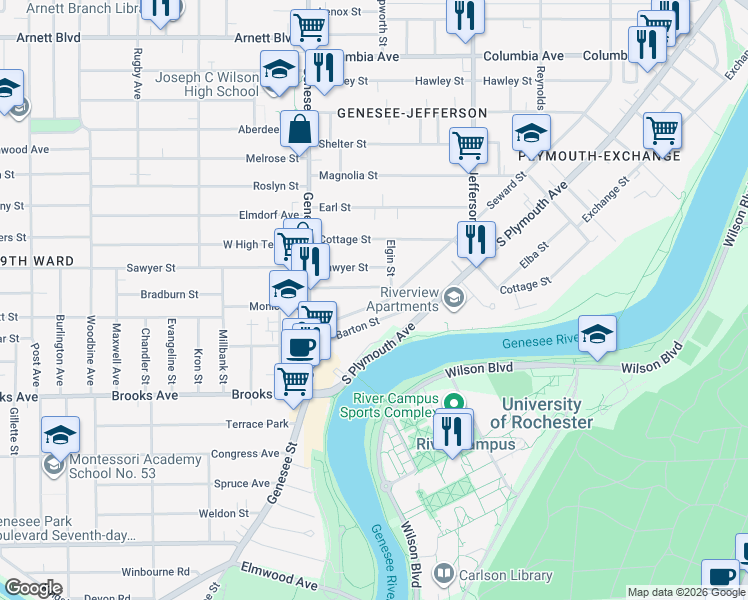 map of restaurants, bars, coffee shops, grocery stores, and more near 748 Seward Street in Rochester