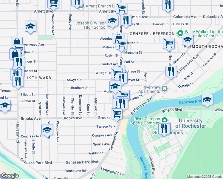 map of restaurants, bars, coffee shops, grocery stores, and more near 34 Monica Street in Rochester