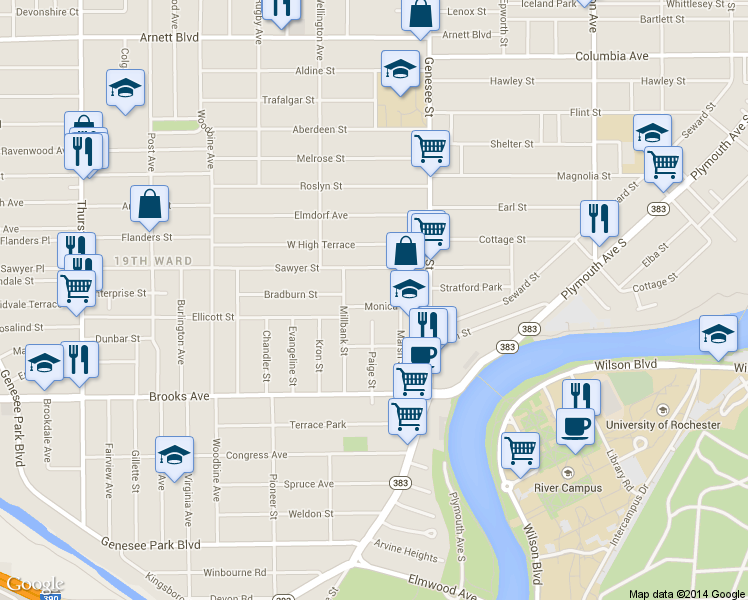 map of restaurants, bars, coffee shops, grocery stores, and more near 88 Monica Street in Rochester