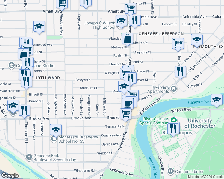 map of restaurants, bars, coffee shops, grocery stores, and more near 88 Monica Street in Rochester