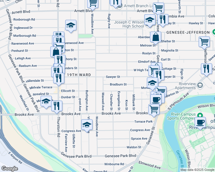 map of restaurants, bars, coffee shops, grocery stores, and more near 111 Bradburn Street in Rochester