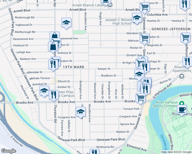 map of restaurants, bars, coffee shops, grocery stores, and more near 45 Maxwell Avenue in Rochester
