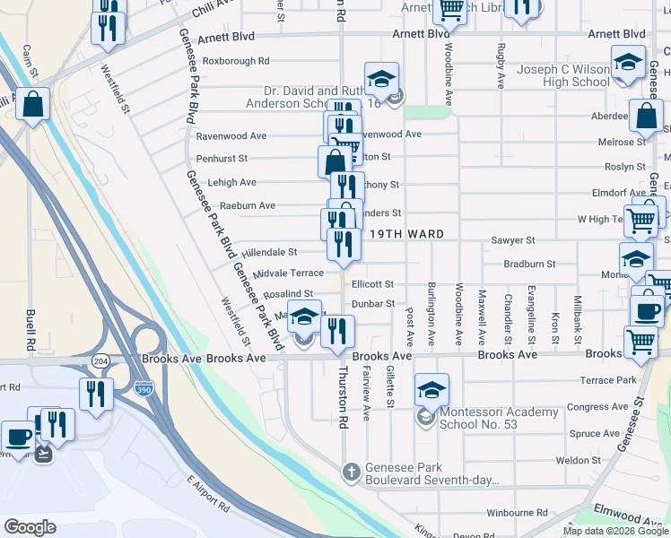 map of restaurants, bars, coffee shops, grocery stores, and more near 32 Midvale Terrace in Rochester