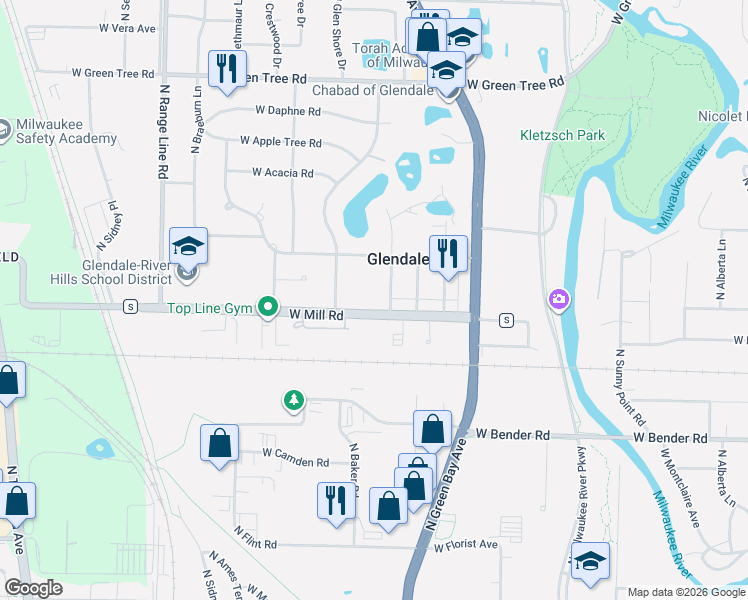 map of restaurants, bars, coffee shops, grocery stores, and more near 1968 West Mill Road in Glendale