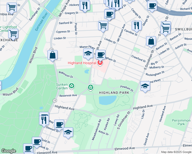 map of restaurants, bars, coffee shops, grocery stores, and more near 75 Bellevue Drive in Rochester