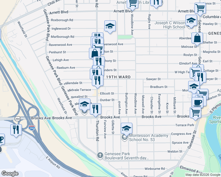 map of restaurants, bars, coffee shops, grocery stores, and more near 63 Enterprise Street in Rochester
