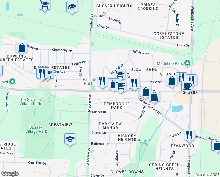 map of restaurants, bars, coffee shops, grocery stores, and more near N64W23850 Main Street in Sussex