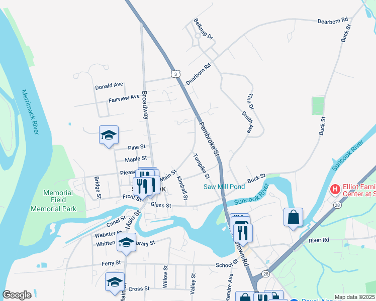 map of restaurants, bars, coffee shops, grocery stores, and more near 21 Broadway in Pembroke